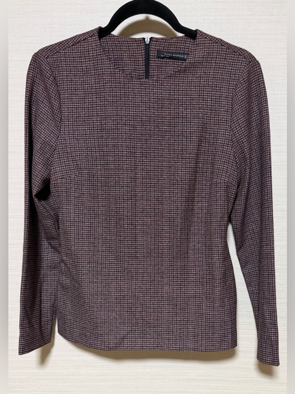 Zara Women's Long Sleeve Blouse in Burgundy and Black Microcheck